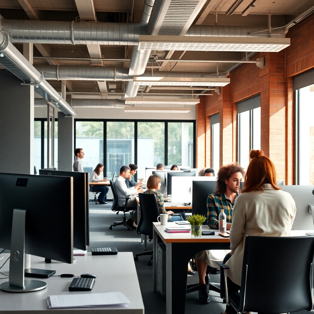 modern office space with diverse team of professionals working on computers, collaborative workspace, natural lighting