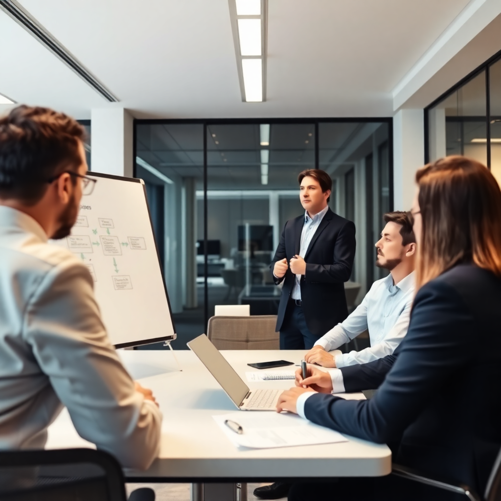 professional team conducting business analysis session, modern office, whiteboards with process diagrams, collaborative workspace
