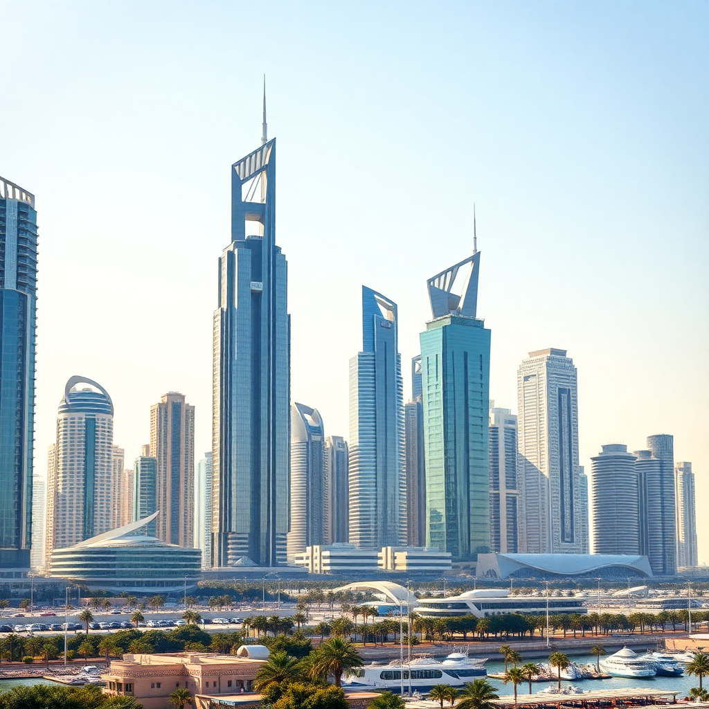 Skyline of Dubai with modern skyscrapers, business and technology hub concept, sunny day.