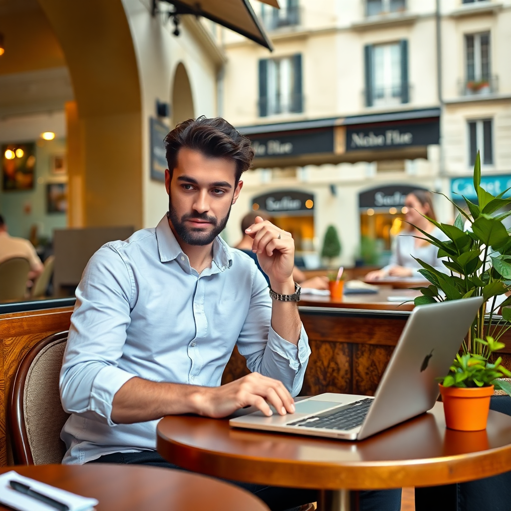 A small business owner in a European city cafe, working on a laptop, thoughtful expression.