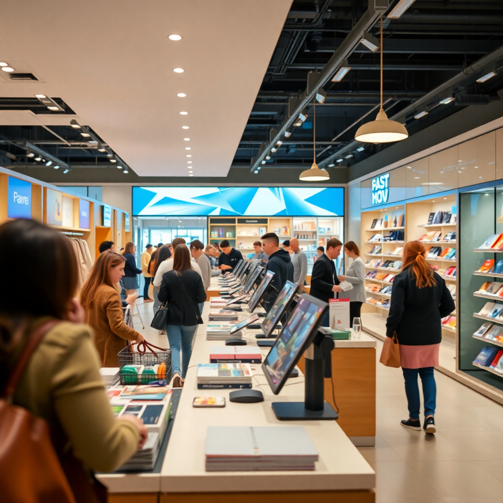 Modern retail store interior with point of sale system, busy with customers, bright and clean aesthetic.