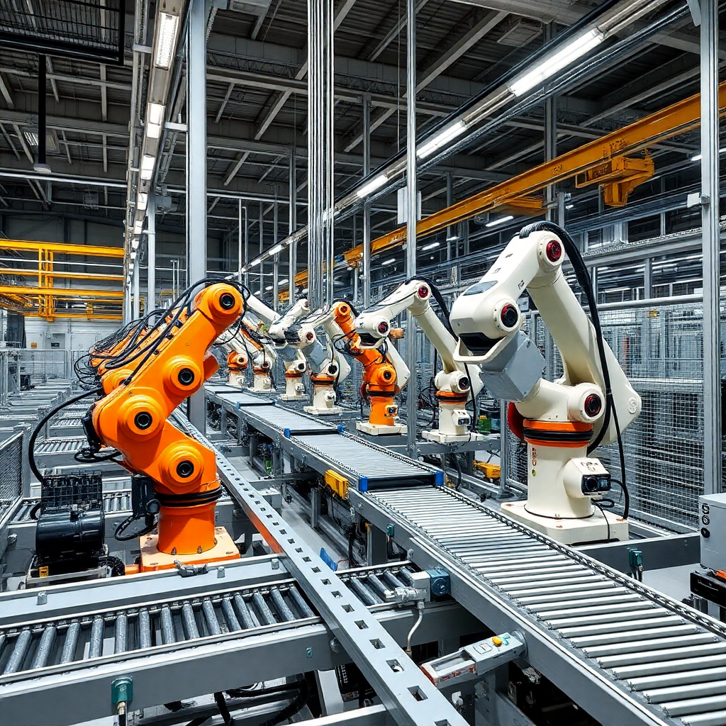 Manufacturing facility with robotic arms and conveyor belts, high-tech industrial setting, clean and organized.