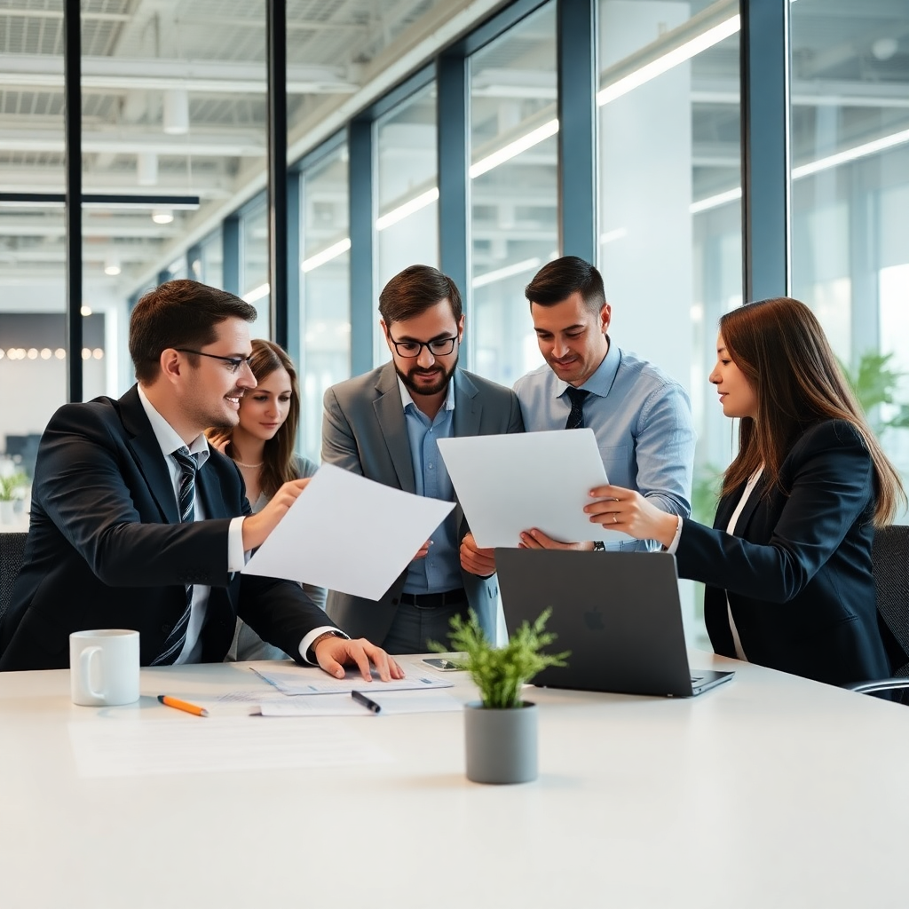 professional team working on ERP implementation, modern office setting, collaboration and expertise