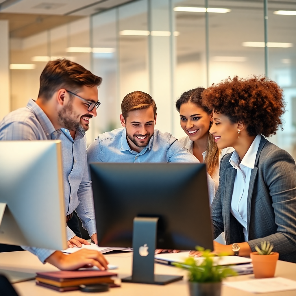 Diverse team of professionals collaborating in a modern office, focused on a computer screen, corporate environment.