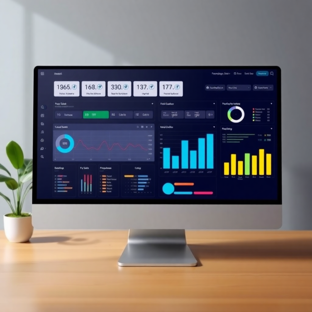 A modern ERP dashboard interface on a computer screen showing graphs and charts, professional and clean aesthetic, business technology concept.