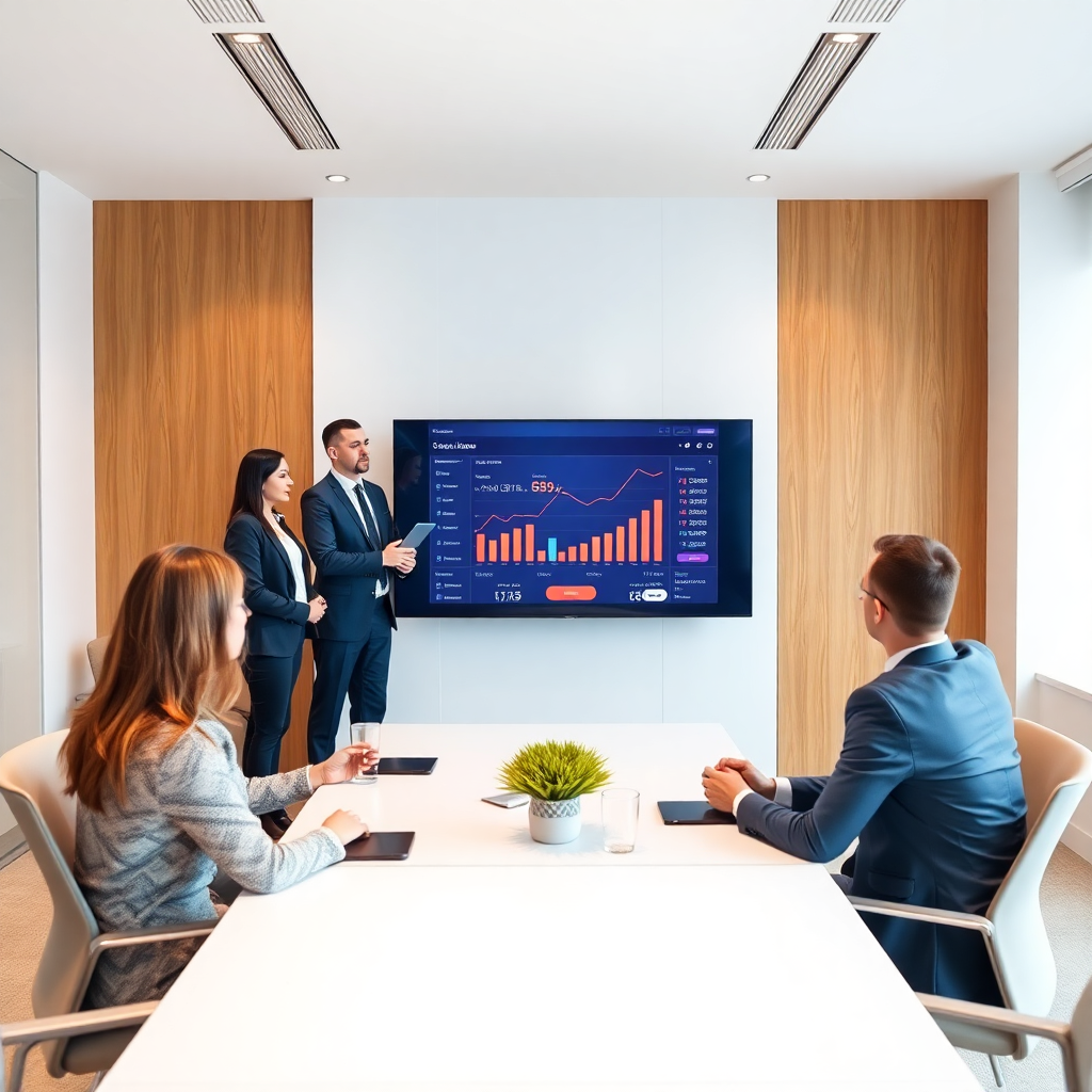 professional business team presenting to clients, modern conference room, success metrics on screen